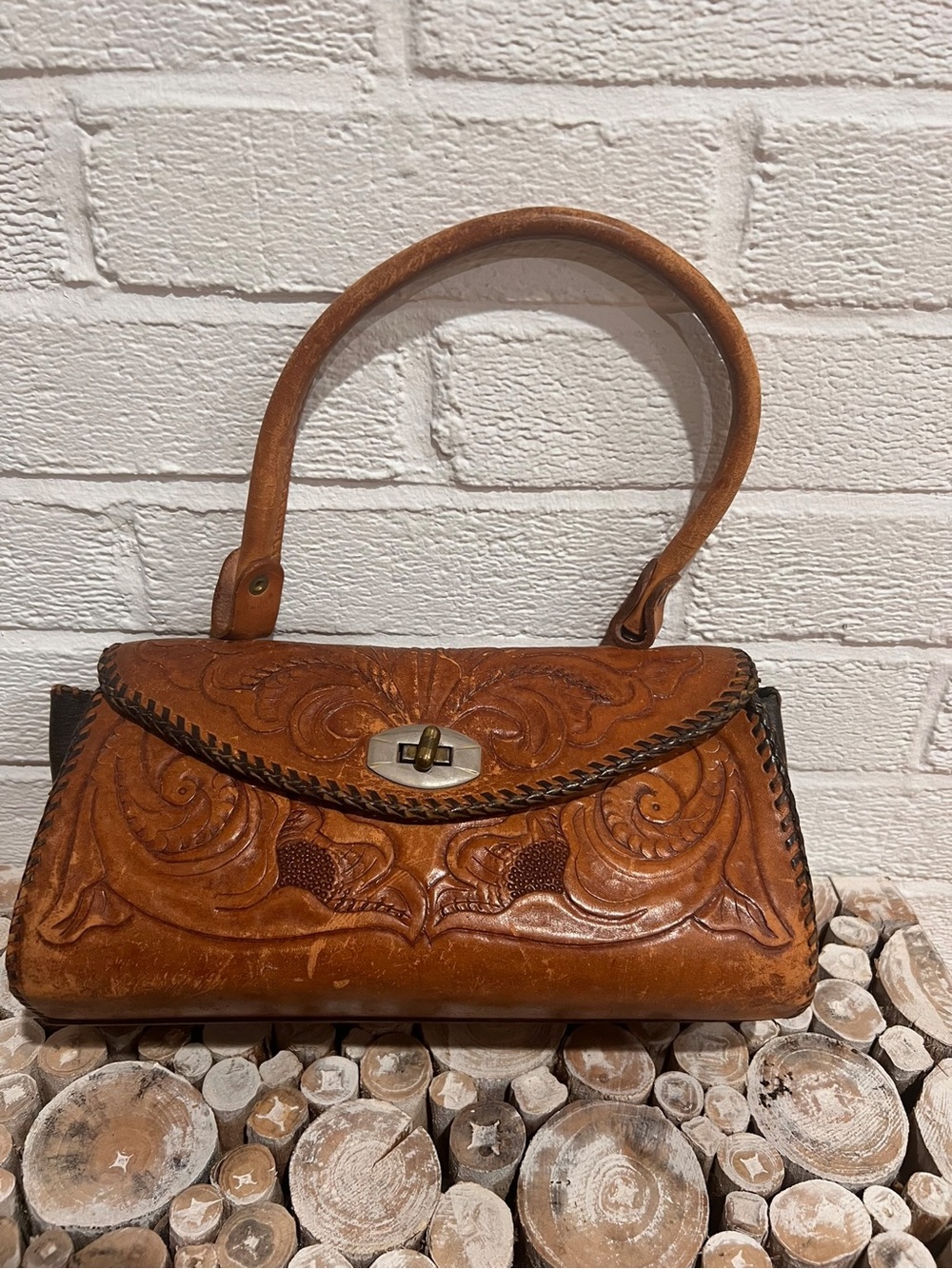 Hand Crafted Tan Tooled Leather Shoulder Bag with Braided Trim